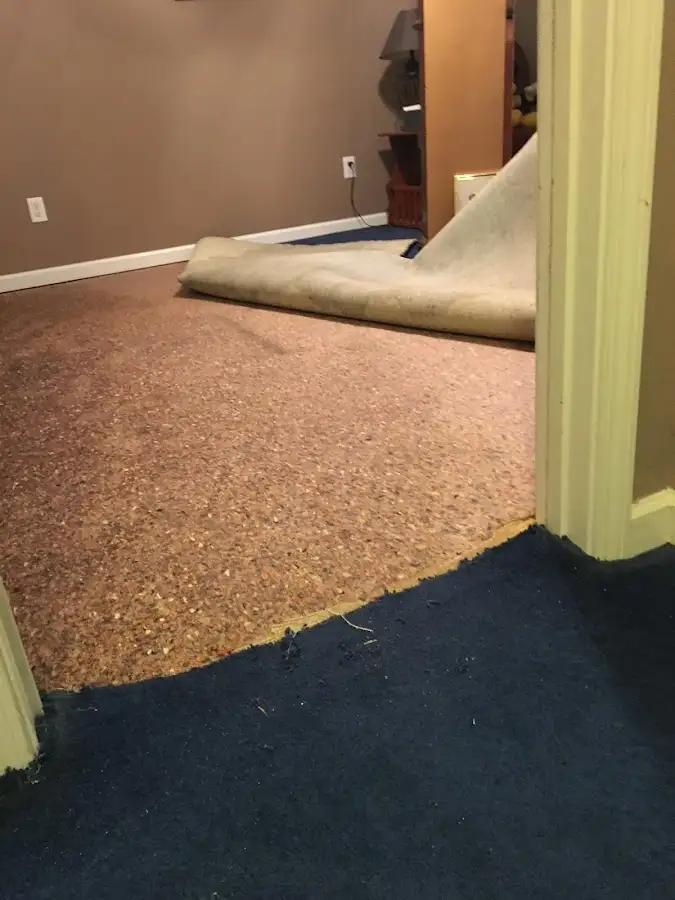 Carpet pad removal revealing water damage during Water Mitigation Services in Three Rivers
